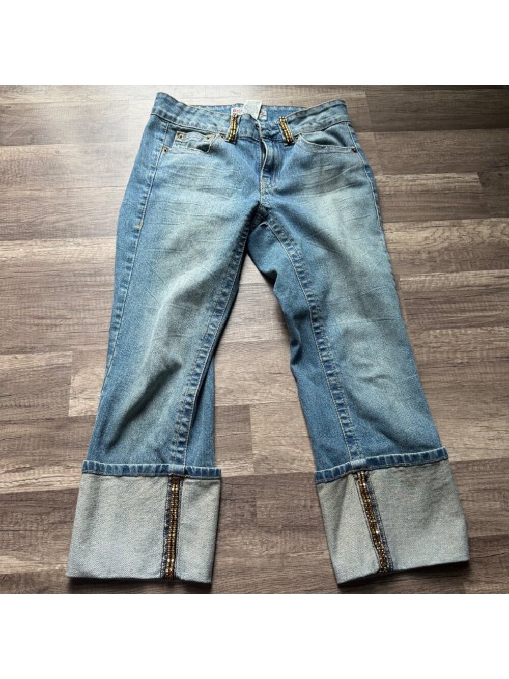 Bisou Bisou Embellished Cuffed Jeans Size 6 With Rhinestone Details & Unique Bac